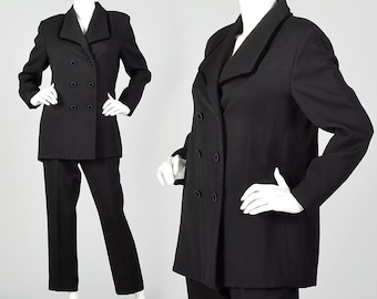 Medium 1990s Black Suit Double Breasted Blazer Jacket Matching High Waist Tapered Pants