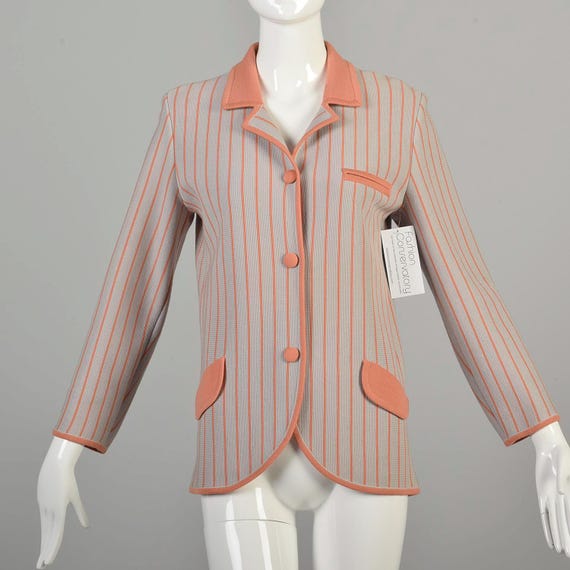 1960s Medium Wool Knit Collared Jacket Striped Gr… - image 1