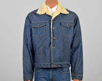 70s Wrangler Wrange Coat Jean Jacket Blue Denim White Faux Sherpa
