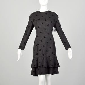 Large 1980s Vintage Louis Feraud Dress Grey Long Sleeve Flocked Ruffles