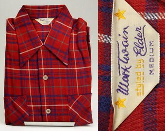 Medium 1940s Mens NOS Deadstock VTG 40s Mark Twain Shirt Woven Red Blue Plaid Loop Collar Mid Century