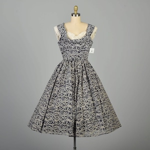 Small 1950s Flocked Party Dress Navy Blue White Sleeveless Natlynn Original Dress