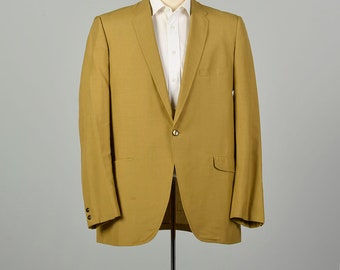 44L Large 1960s Mustard Yellow Gold Green Blazer Skinny Lapels One Button Lightweight Shantung Sport Coat Jacket