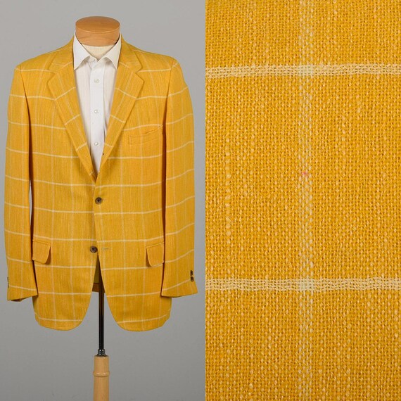 Large Vintage 1960s Blazer Jacket Bright Dandelion Yellow Plaid Lightweight Mod Mens Woven Blazer Jacket Spring Summer Square Checked Blazer Etsy UK