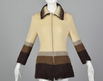 Medium 1970s Color Block Zip Front Sweater Cardigan Coat Long Sleeve Sweater Cream