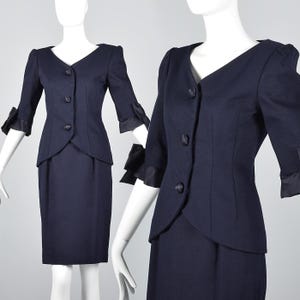 XS Scaasi Navy Blue Skirt Suit Summer Cotton Suit Short Sleeve Jacket Two Piece Dress Suit Femme Fatale Designer Suit Hourglass Vintage