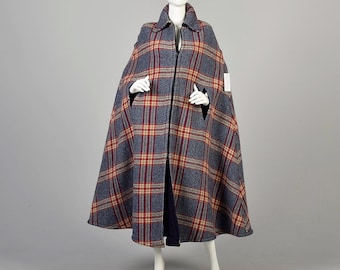 Small Vintage 1970s Plaid Maxi Blanket Cape Cloak Exaggerated Collar Funky Long Oversized Pattern Blue Red Yellow  Preppy Fall Autumn Cape