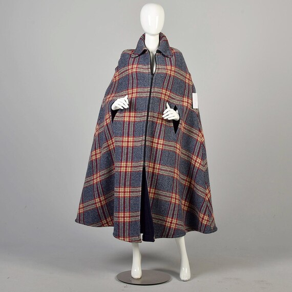 Small Vintage 1970s Plaid Maxi Blanket Cape Cloak Exaggerated Collar Funky Long Oversized Pattern Blue Red Yellow  Preppy Fall Autumn Cape
