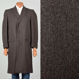 Medium 1960s Vintage Grey Brown Wool Tailored Overcoat Coat Three Button Tailored Classic Cuffed Jetted Pocket Herringbone Fall Winter Coat