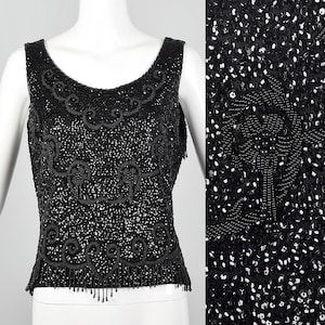 Medium 1960s Beaded Blouse Vintage Sleeveless Tank Scoop Neck Blouse Beaded Top Sequin Blouse 60s Mod Blouse