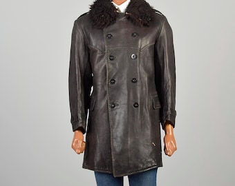 Medium Vintage 1940s Brown Leather Swedish Military Officers Coat Distressed Character Wool Lined Shearling Fur Collar WWII War History Coat