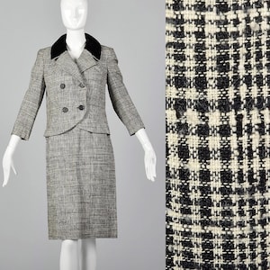 Small 1960s Black Plaid Skirt Suit Two Piece Set Double Breasted Jacket Velvet Collar Plaid Pencil Skirt Separates 60s Vintage