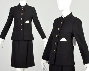 XS 1970s Black Wool Suit Set Gold-tone Button Jacket White Trim Cuff Knee Length Skirt Lord & Taylor French Classic Professional Outfit