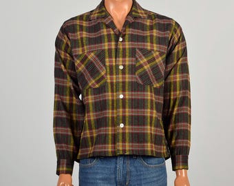 Camisa masculina de lã xadrez tamanho pequeno dos anos 1960, barra quadrada, amarela, vermelha e verde, estilo outono.