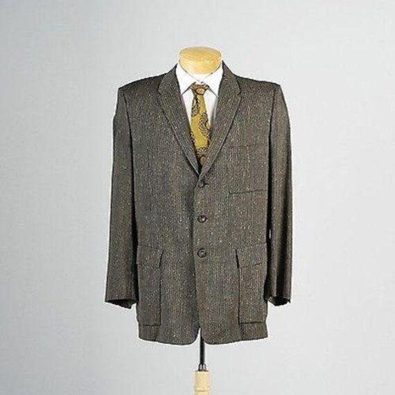 Mens Vintage 50s Silk Wool Silver Black Gray Striped Jacket