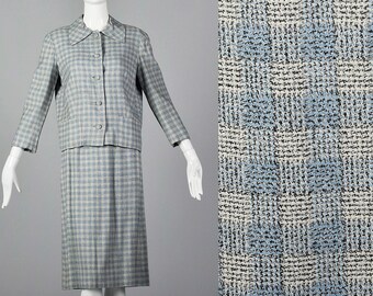 Completo gonna scozzese XXS, maniche lunghe, tasche, giacca blu leggera, due pezzi, set vintage anni '60