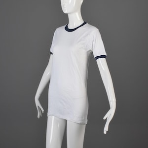 Small Deadstock 1970s Ringer Tee 70s T-Shirt TShirt White Cotton Navy Blue Ribbed Knit image 2