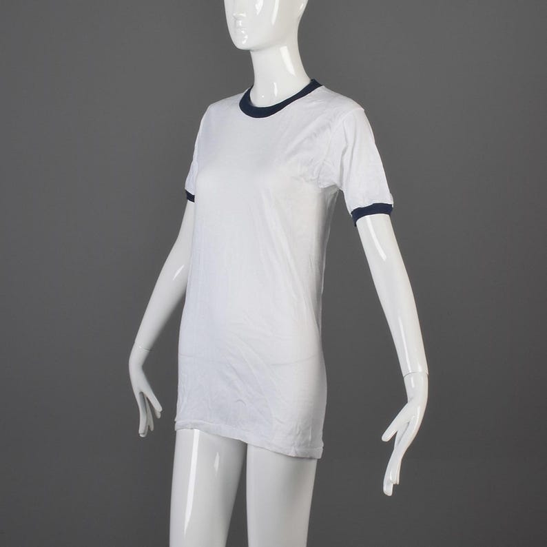Small Deadstock 1970s Ringer Tee 70s T-Shirt TShirt White Cotton Navy Blue Ribbed Knit image 2