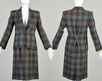 XS 1970s Blue Brown Plaid Suit Set Front Button Blazer Jacket Knee Length Pencil Skirt Office Separates Ensemble