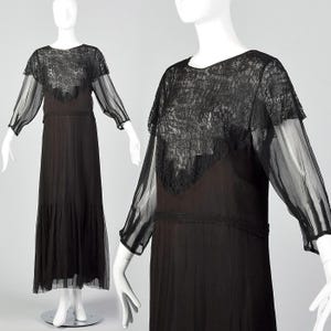 Small 1930s Dress Black Silk Dress Sheer Lace Bust Panel Long Sleeves Formal Evening Wear Art Deco Cocktail 30s Vintage