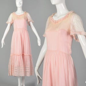 XS 1930s Sheer Pink Cotton Dress 30s Sheer Dress Vintage Tea Dress 1930s Maxi Dress 30s Pink Dress Lawn Dress