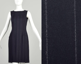 Medium  1990s Navy Blue Wool Dress Pinstripe Autumn Layering Sleeveless w/ Pockets Casual Mini Shift Dress
