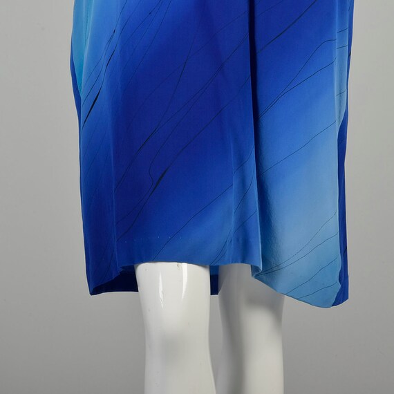 XL 1980s Blue Silk Dress Hand Painted Abstract Bl… - image 8