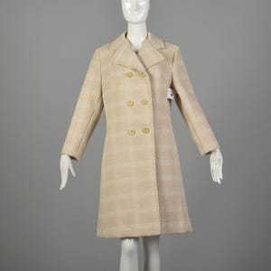 Medium 1970s Mod Plaid Coat Ivory Double Breasted Autumn Outerwear Spring VTG