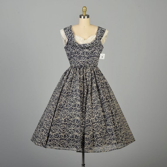 Small 1950s Flocked Party Dress Navy Blue White S… - image 1