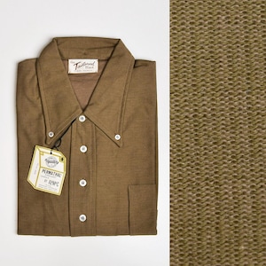 Deadstock 1960s Mens Knit Shirt Short Sleeve Cotton Washable Pull Over Brown Button Down Collar 60s Vintage Shirt