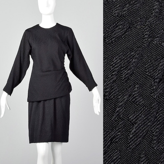 Oscar de la Renta, Small Oscar de la Renta Two Piece Dress Asymmetrical Black Top Pencil Skirt Lightweight Textured Invisible Zip 1990s Vintage Dress Separates