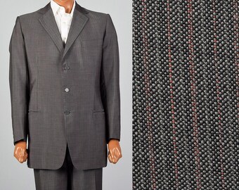 Traje de hombre grande de Savile Row de los años 80, chaqueta y pantalón grises a rayas finas de 3 botones.