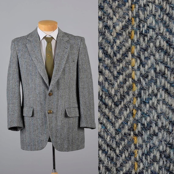 Mens Vintage 70s Harris Tweed Wool Herringbone Gray Blue Yellow