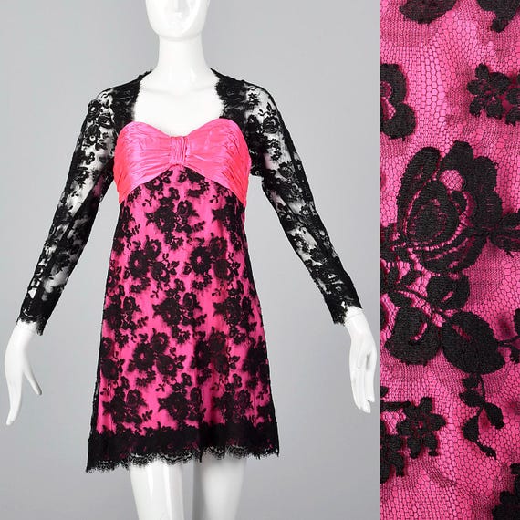 Xs Travilla YT Hot Pink Dress Sheer Black Lace Overlay Rouched Bow Party Club Vintage 1980s
