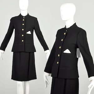 XS 1970s Black Wool Suit Set Gold-tone Button Jacket White Trim Cuff Knee Length Skirt Lord & Taylor French Classic Professional Outfit