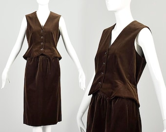 Small Vintage 1970s Halston Brown Velvet Two Piece Set Vest and Skirt Seperates