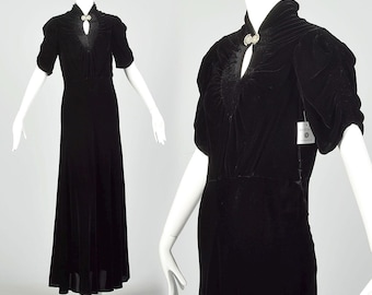 Small 1930s Dress Black Silk Velvet Formal Evening Gown Vintage Maxi Keyhole Neckline