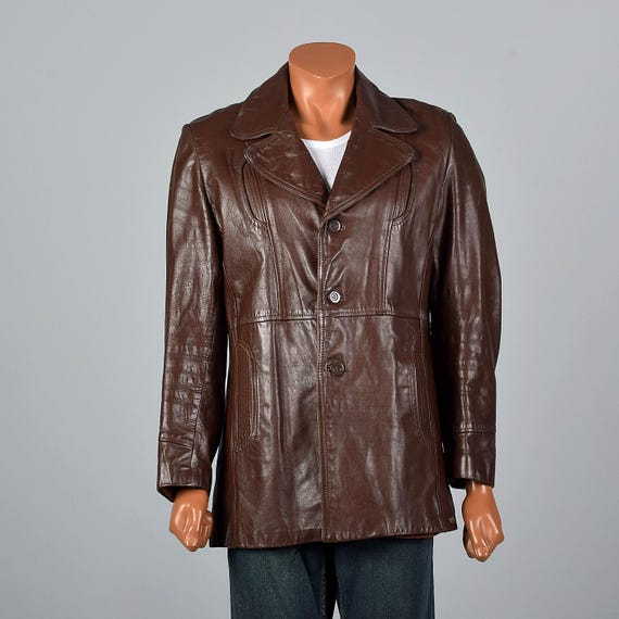 Medium 1970s Vintage Mens Leather Jacket Brown Leather Reenforced