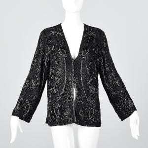 Medium Black Silk Beaded Jacket Flowy Evening Wear Cocktail Party Holiday Vintage