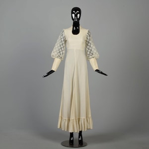 Vestido longo creme XXS anos 1970, renda, manga balão, hippie, boho, vestido de noiva