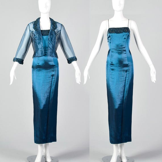 XXS Alex Evenings Beaded Evening Dress with Jacket Sheer Teal