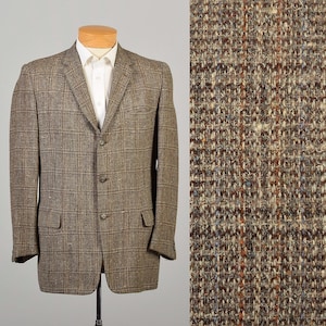 Large 1950s Three Button Brown Tweed Jacket Plaid Blazer Skinny Label Wool Coat