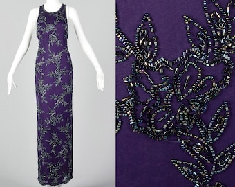XS Beaded Evening Dress Silk Iridescent Purple Fully Lined Sleeveless Scoop Neck 1990s Vintage Dress Side Slit