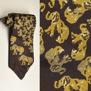 1970s Mens Necktie Tie Neck Tie Novelty Brown Silk Yellow Elephant Wildlife Conservation PETA WWF 70s Vintage