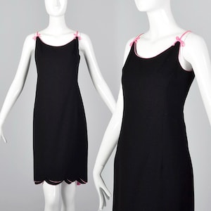 Medium 1960s Black Dress Cocktail Party Pink Trim Scallop Hem Sleeveless Shift Dress 60s Vintage