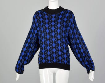 Medium Mockneck Pullover Blau Schwarz Diamant-Muster 1980er Jahre Avantgarde Reißverschluss Schultern