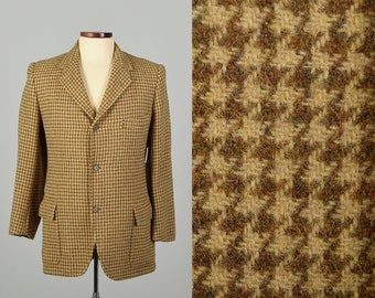 XS 1950s Houndstooth Wool Tweed Tan Beige Brooks Brothers 3 Button Flap Pocket Sport Jacket Casual Blazer