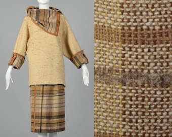 XS Off White Wool Tweed Skirt Set Chunky Brown Stripes Loose Fit Snaps Straight Skirt Tunic Top Vintage 1970s Womens Separates.