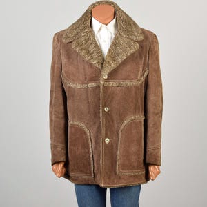 1970s Vintage XL Coat Jacket Suede Leather Brown Tan Faux Shearling Western Cowboy Coat Buttoned Wide Lapel Mens Outerwear Winter Fall Coat
