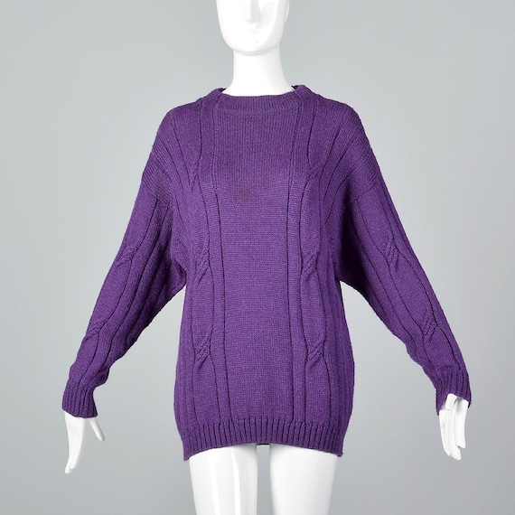 Bottega Veneta, Medium 1980s Bottega Veneta Mohair Silk Purple Cable Knit Sweater Wool Separates Silk Separates Long Sleeves Drop Shoulders Vintage